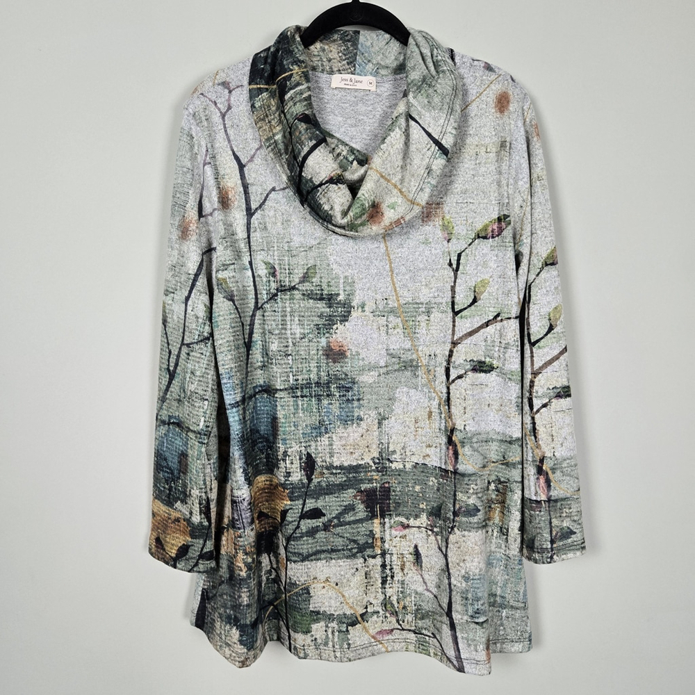Jess & Jane Womens Abstract Cowl Neck Tunic Top Medium Green Artsy Lagenlook